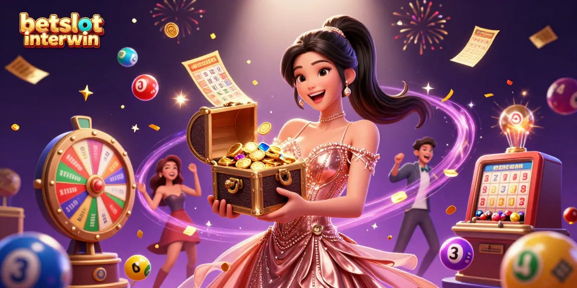 Win big with betslot interwin showcasing a radiant character revealing treasure amidst exciting casino elements.