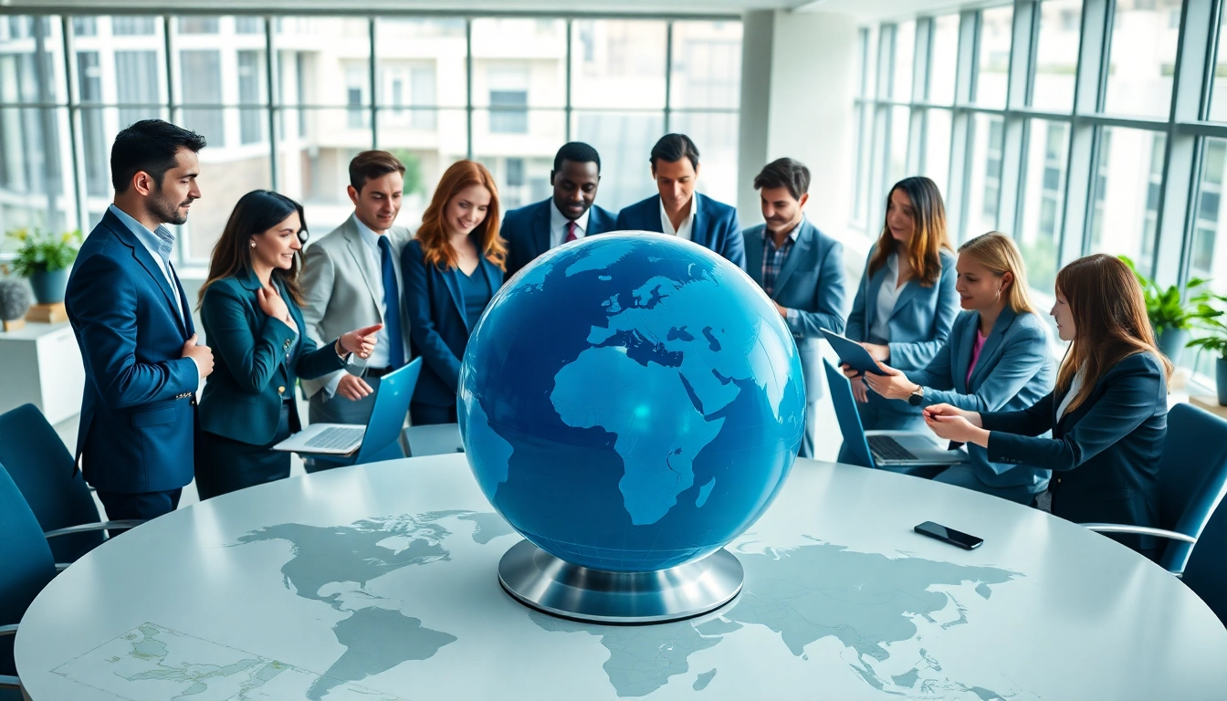 Engaging professionals around a globe in a vibrant setting highlighting the top global business directory.
