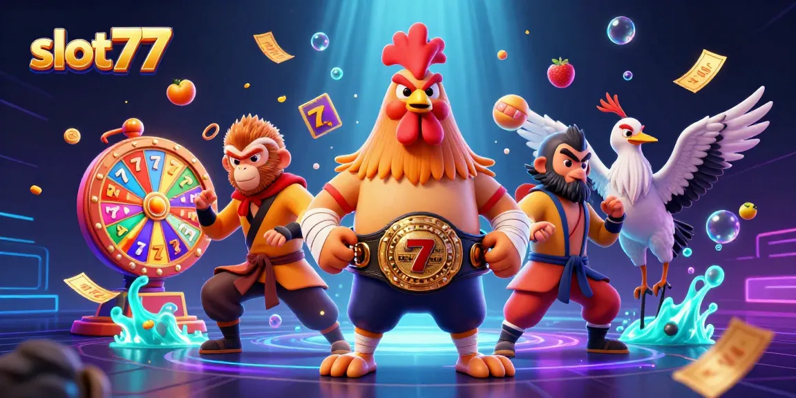 Menangkan jackpot dengan slot77 di ilustrasi bergaya kasino dengan simbol buah