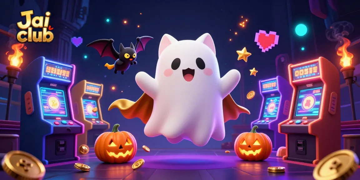 Capture the excitement at Jai club with a cartoon ghost cat and vampire bat amid glowing casino games.