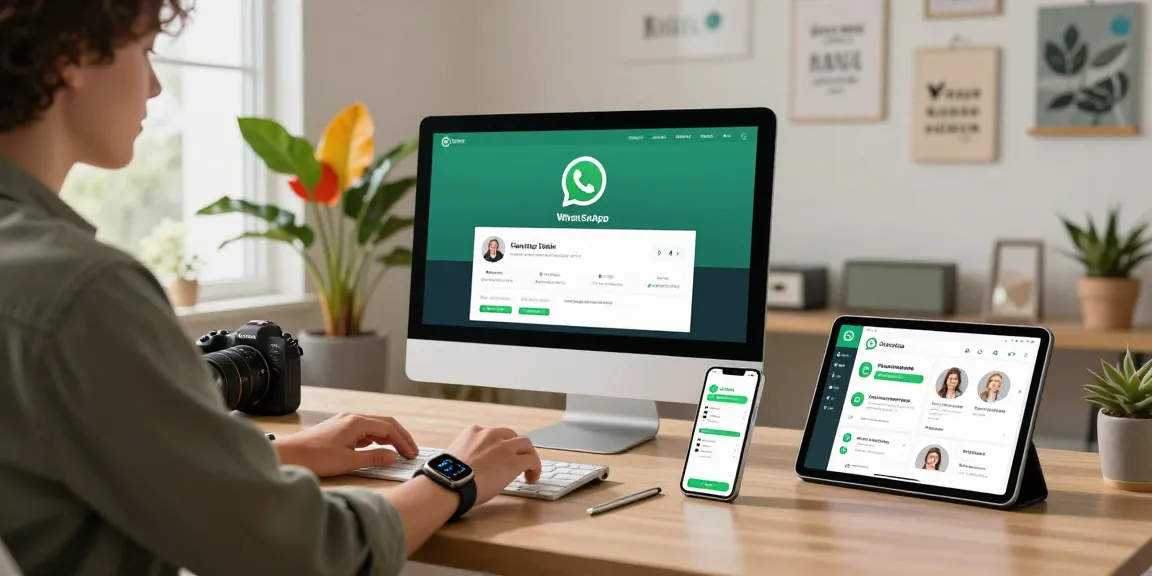Using WhatsApp電腦版 on a sleek desktop in a modern home office.