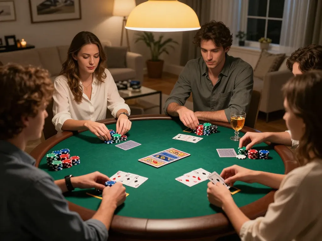 Friends enjoying a poker game at home, showcasing tg88's vibrant atmosphere and strategic play.