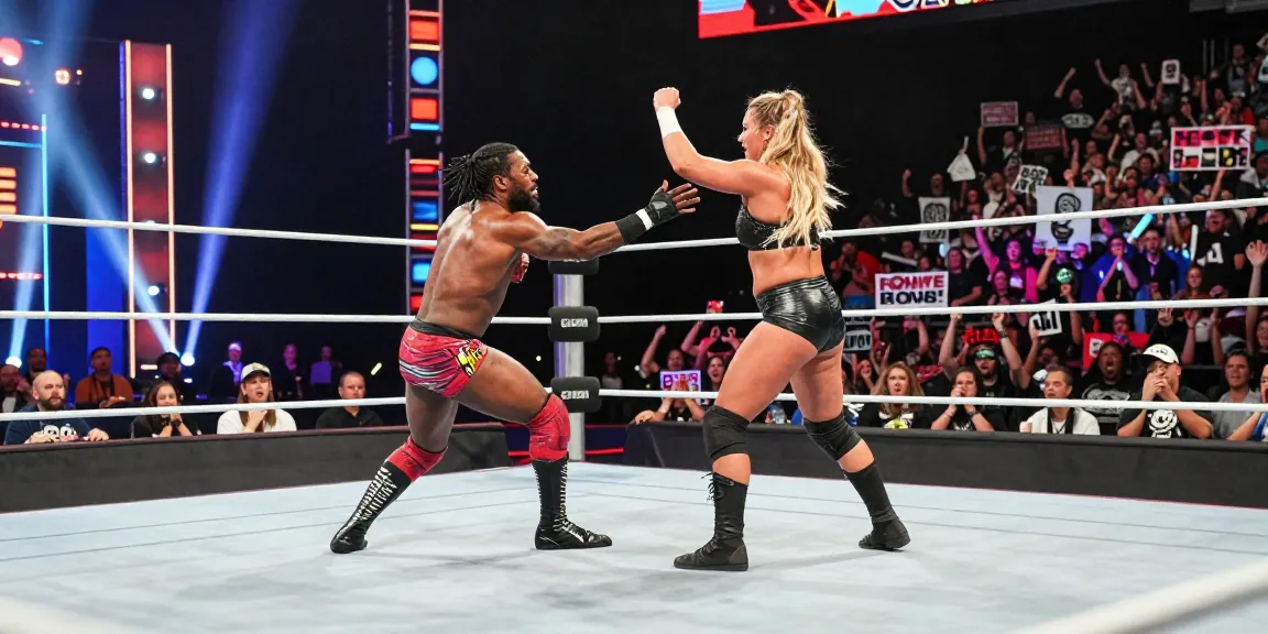 Xavier Woods and Paige wrestling match showcasing their dynamic performance and audience excitement