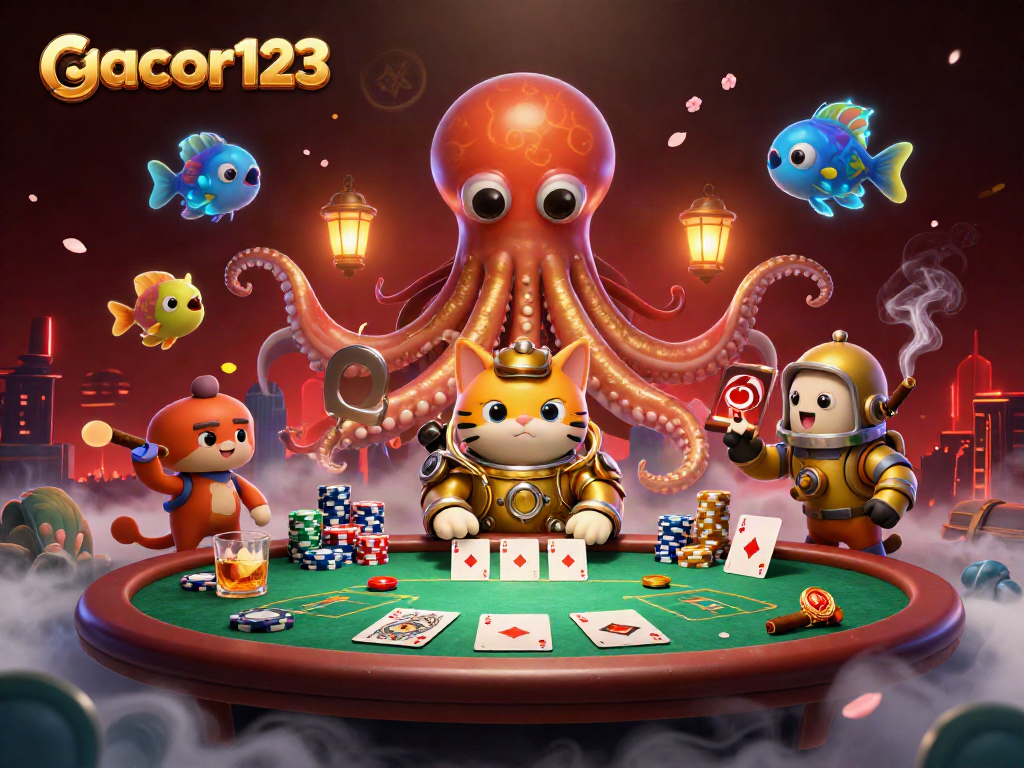 Engage with gacor123 as a colossal kraken and a diving cat create a vibrant poker scene.