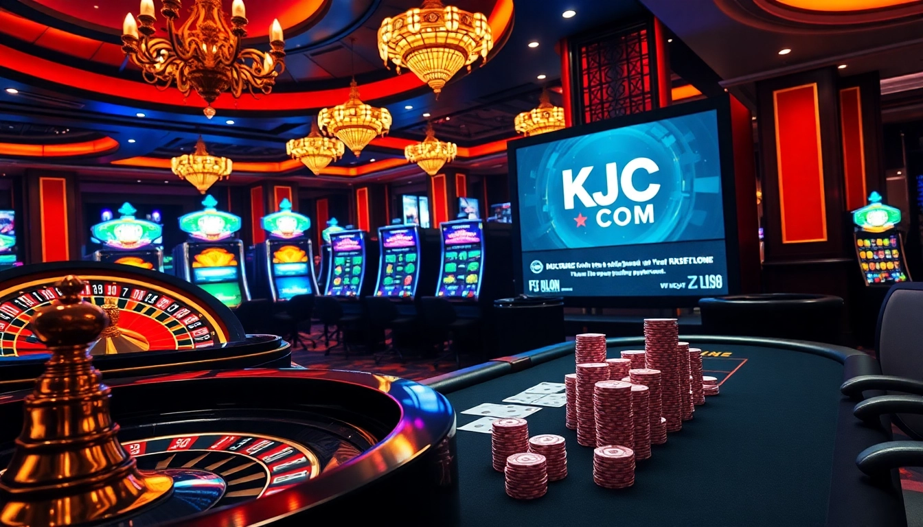 Experience the thrill of gaming at KJC COM with a vibrant casino scene featuring poker and roulette.