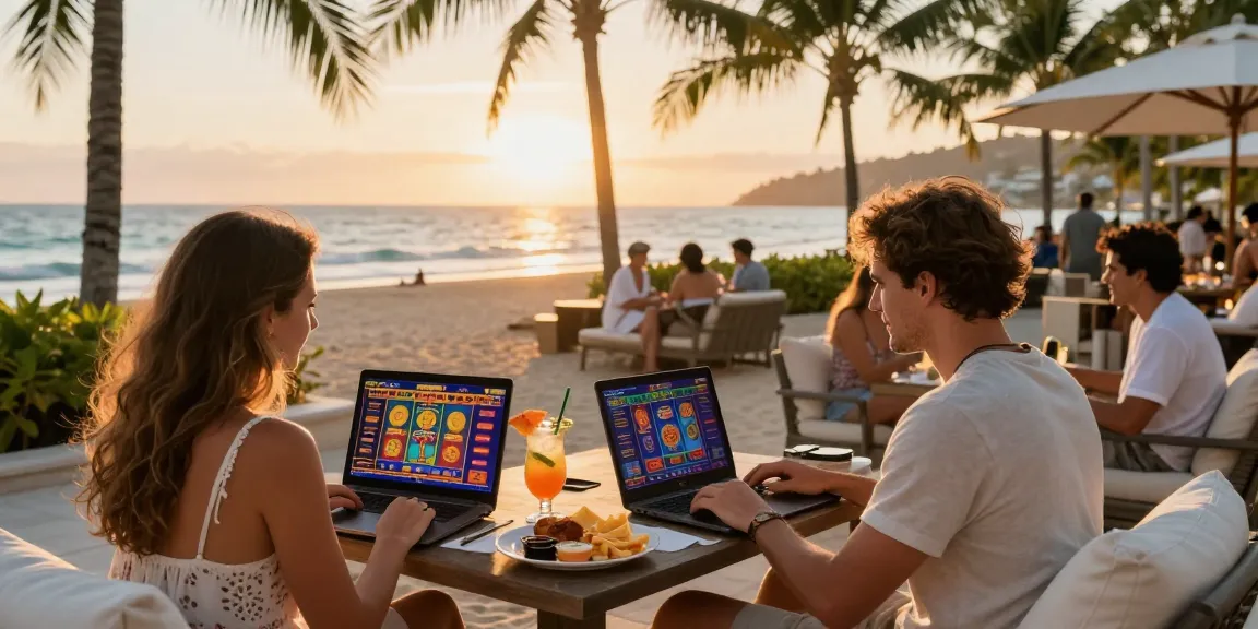 Couple engaged in slot server luar negeri gaming at a beachfront resort