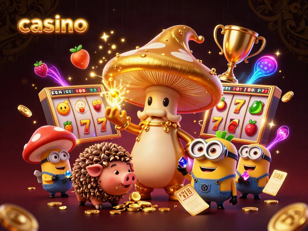Play thrilling slots at the casino with the golden mushroom wizard and treasures.