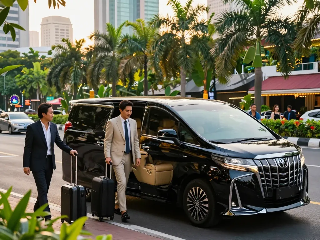 Thuê một chiếc Alphard tại Thành phố Hồ Chí Minh, một cặp đôi đến nơi trong phong cách sang trọng hiện đại.