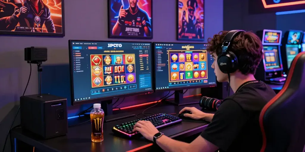 Pengguna situs jptoto bermain game jackpot dengan fokus tinggi, dikelilingi grafis digital berwarna cerah.
