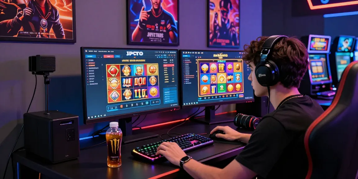 Pengguna situs jptoto bermain game jackpot dengan fokus tinggi, dikelilingi grafis digital berwarna cerah.