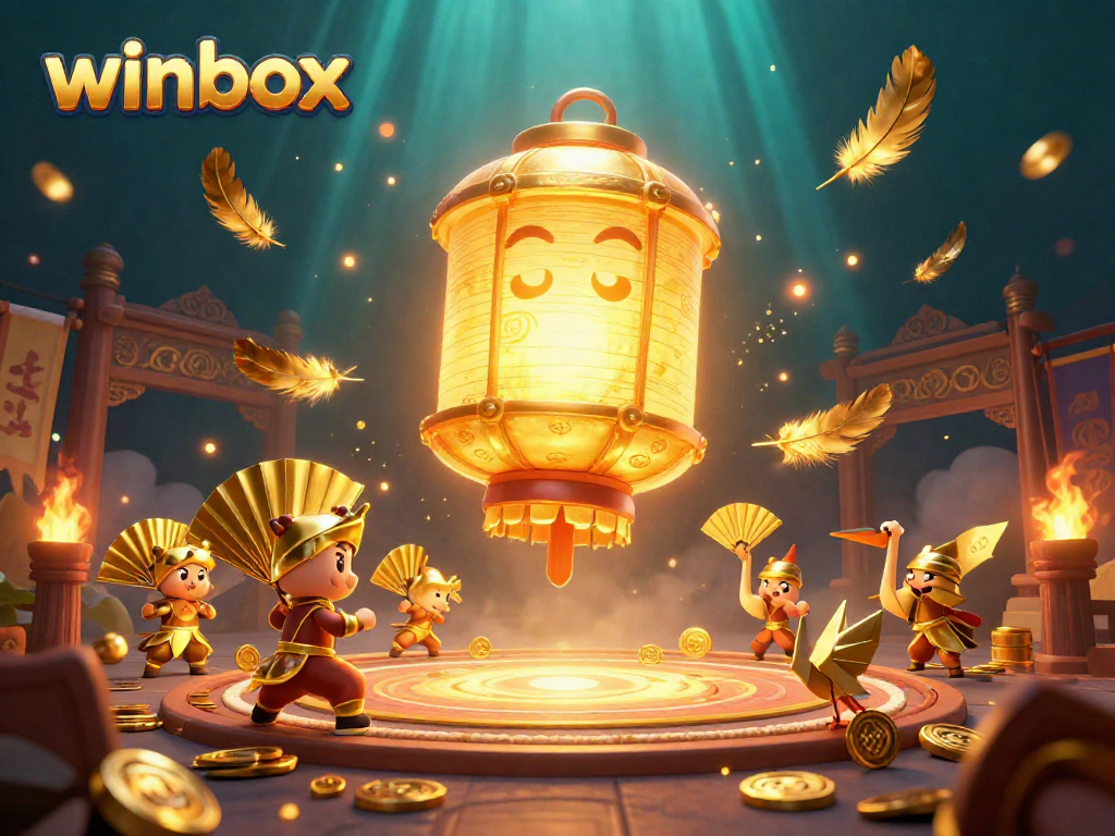 Experience the thrill of winbox as golden lantern spirits and warriors dance above a vibrant casino scene.