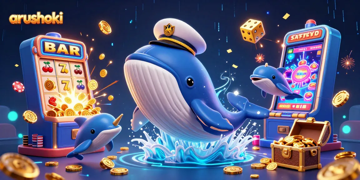 arushoki menghadirkan aksi seru dengan paus kartun raksasa dan simbol slot di lautan koin