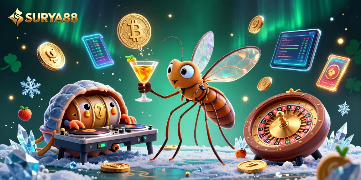 SURYA88 brings casino excitement alive with unique characters and crypto elements in a vibrant scene.