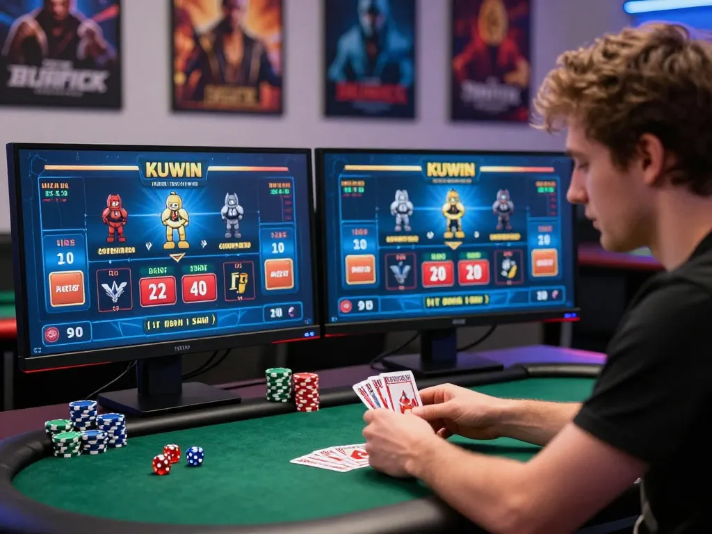 Kuwin player strategizing at a dual-monitor online poker setup with focused expression and gaming accessories.