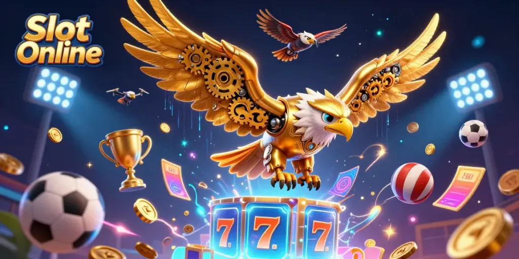 Slot Online menampilkan ilustrasi 3D elang sibernetik dengan gulungan slot dan simbol keberuntungan yang berpacu dalam turnamen.