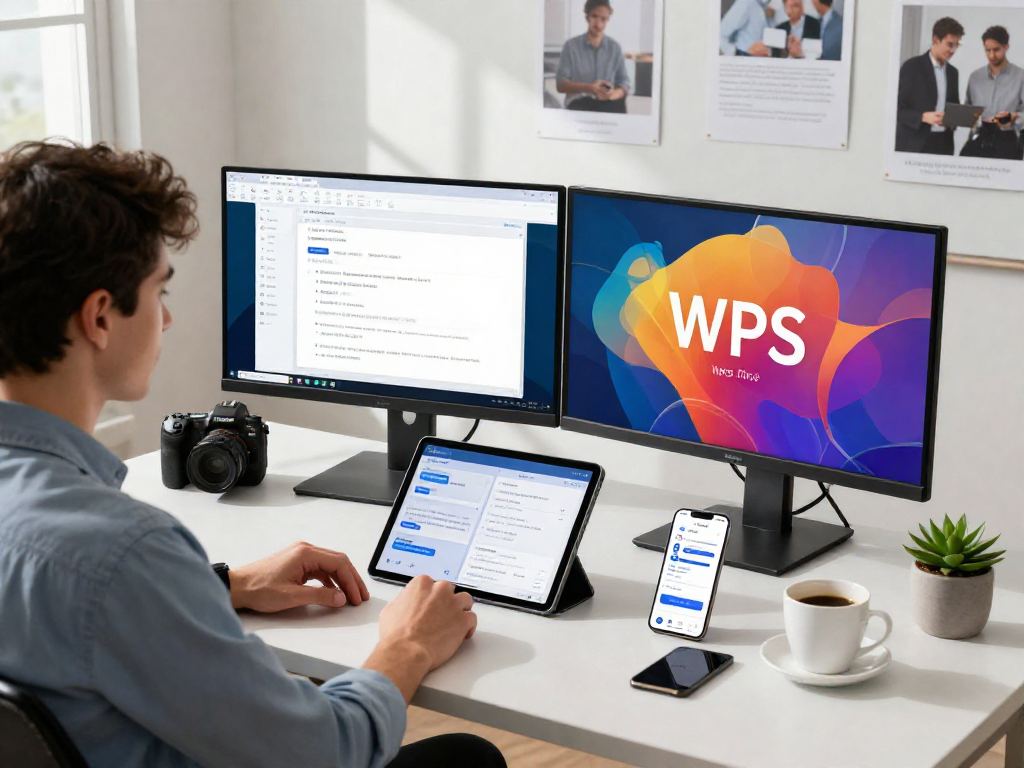 在现代办公环境中,一位用户正在使用WPS中文办公软件下载,通过多个设备展示文档编辑和演示制作,营造智能高效的办公氛围。
