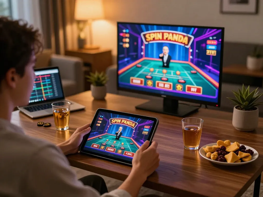 Player enjoying casino spinpanda action on tablet during a cozy home evening