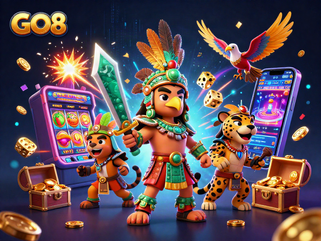 Engage in thrilling GO8 slot adventures with our vibrant Aztec-themed illustration featuring warriors and jackpots.