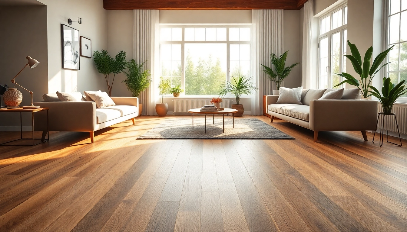 Beautiful living room with vinyl flooring showcasing natural wood textures and bright lighting.