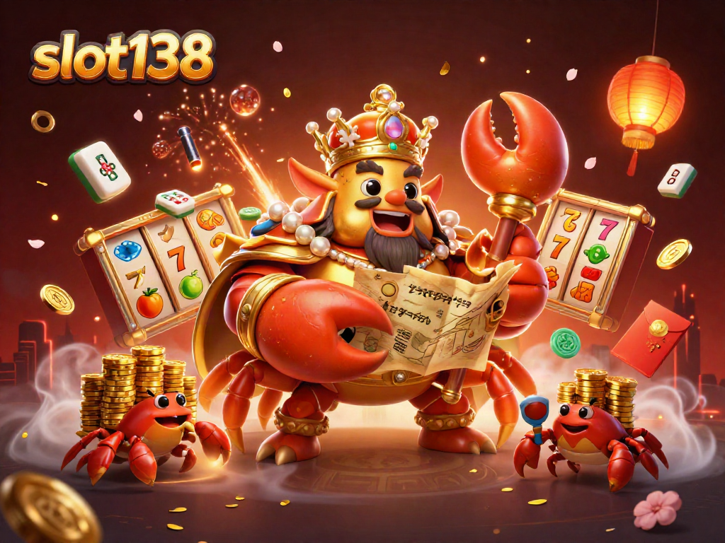 Engage with slot138 casino action featuring a golden crab emperor in a vibrant, festive scene.