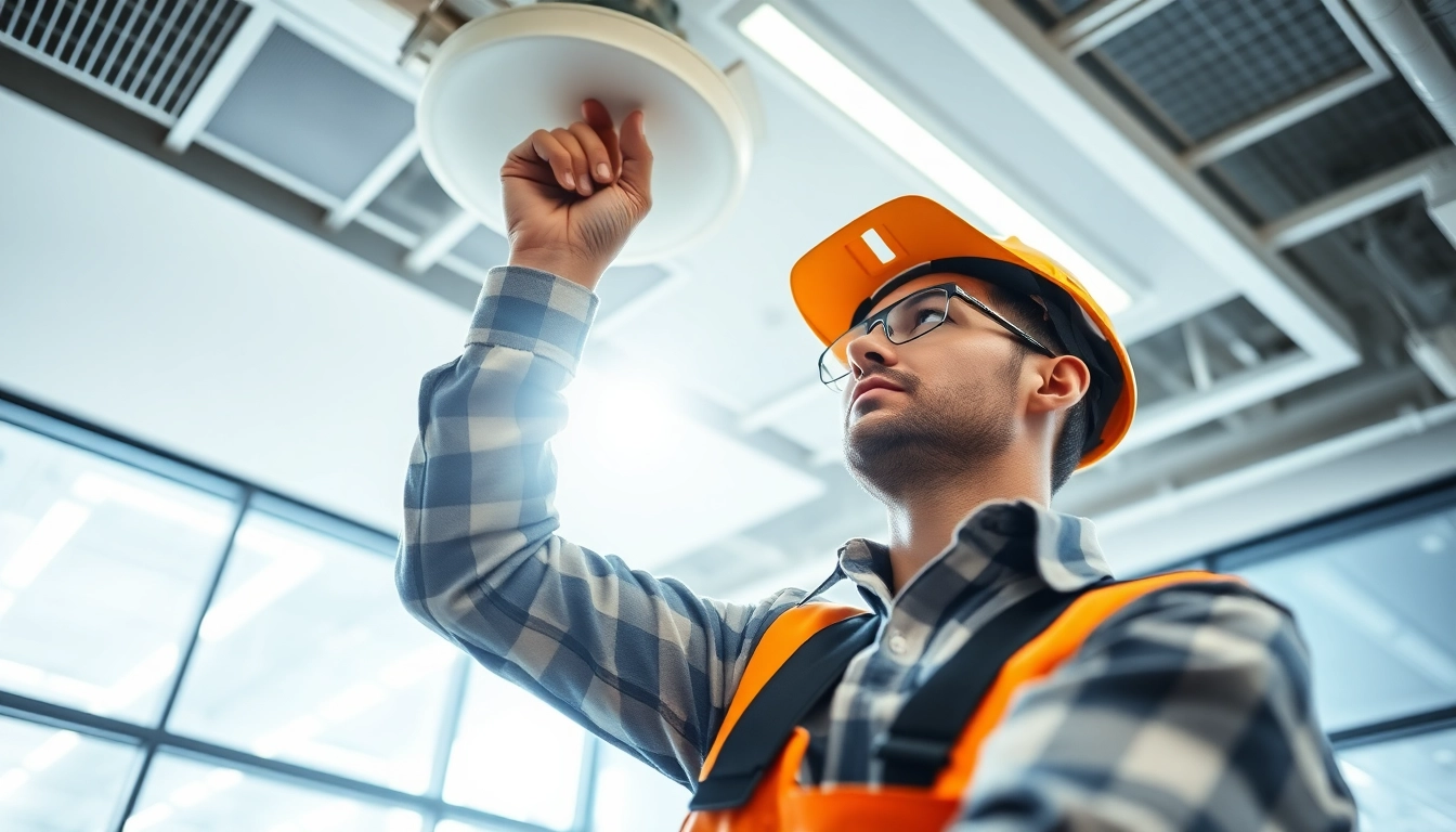 Enhance lighting maintenance efficiency with a dedicated electrician inspecting office fixtures.