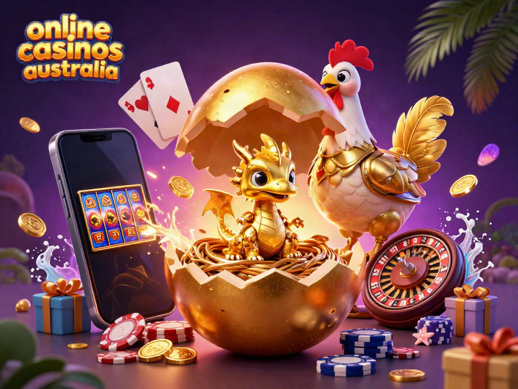 Experience the excitement at online casinos Australia with a 3D illustration of mythical gaming characters.
