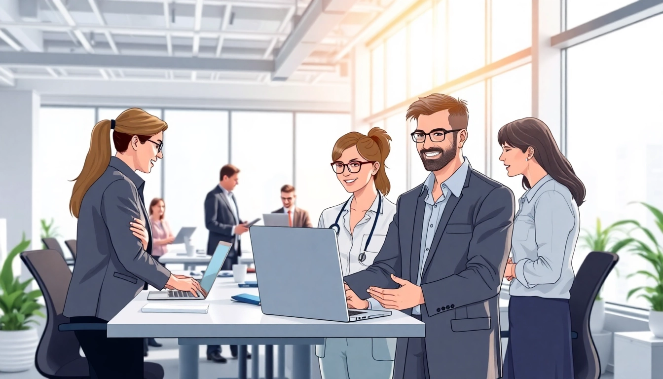 Engaging enterprise assistant facilitating team collaboration in a vibrant office environment.
