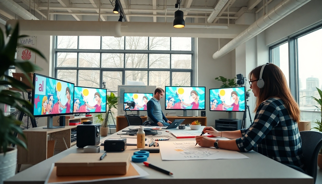 Animationsstudio showcasing creative teamwork and vibrant projects in a modern workspace.