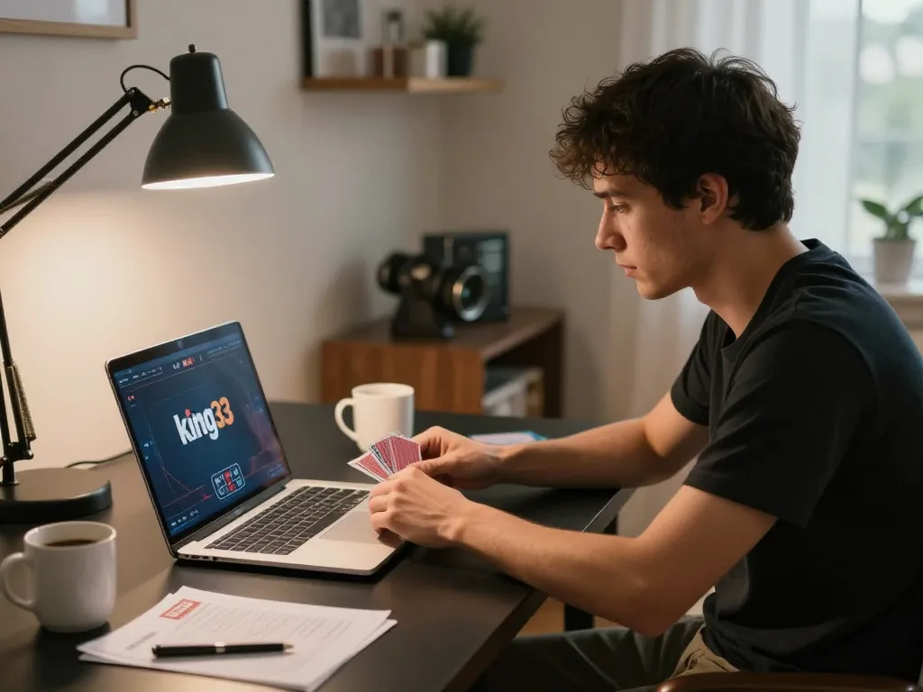 Player engaged in online poker with king33 app, showcasing strategy notes and modern home setting.