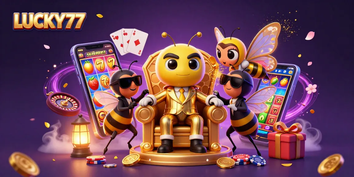 LUCKY77 showcases a bumblebee mob boss in a dynamic casino atmosphere filled with slot games and rewards.