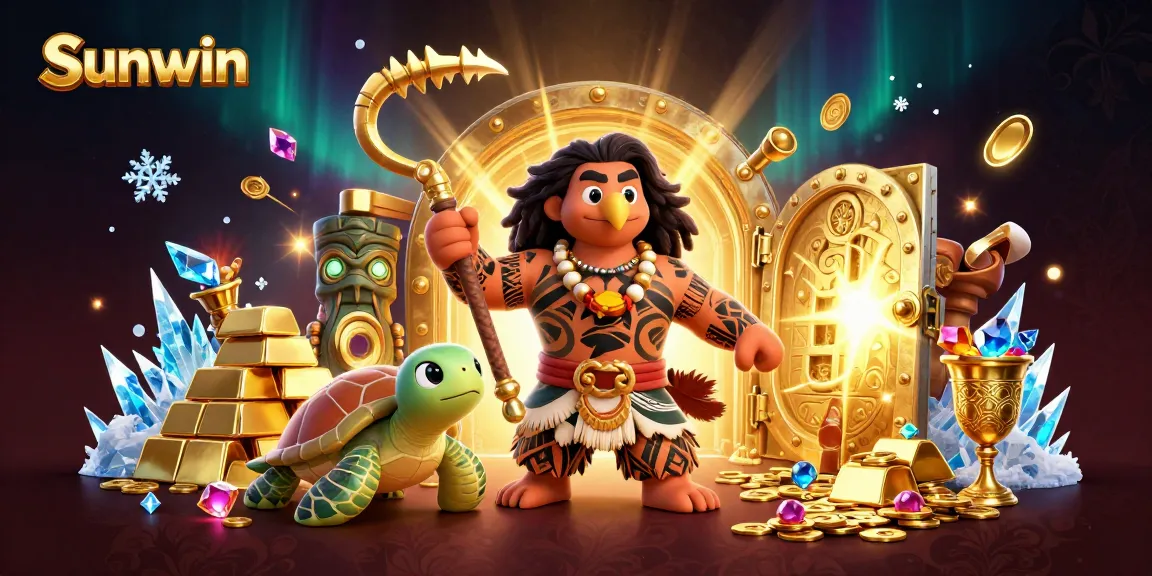 Sunwin captures excitement in a vibrant casino scene with dynamic characters and sparkling treasures.