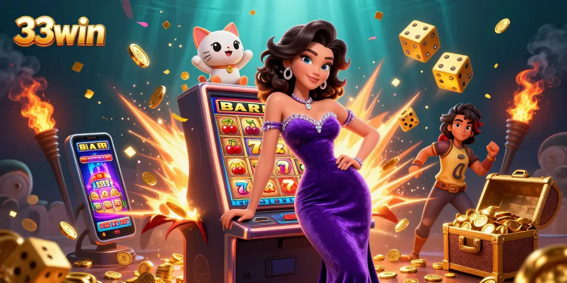 Win jackpots at 33win with stunning visuals of a glamorous woman by a slot machine.