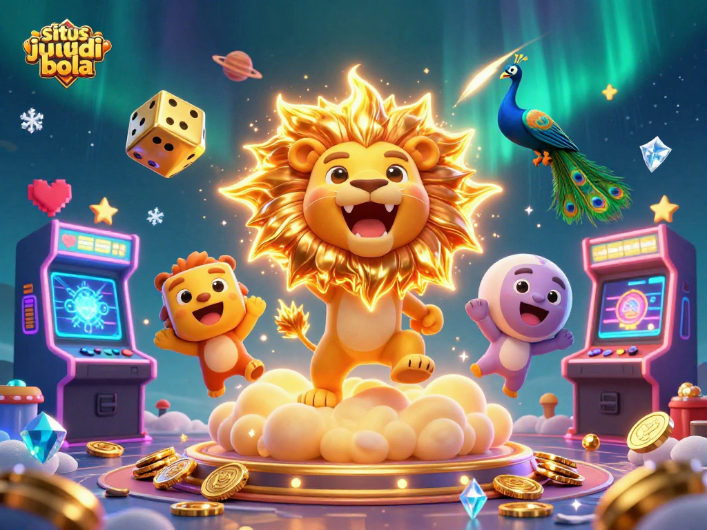 Engage in situs judi bola excitement with a dynamic 3D illustration featuring a lion, golden dice, and vibrant gaming elements.
