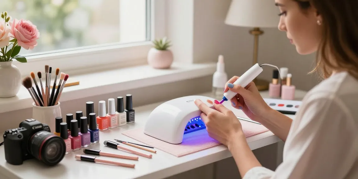 Femeie utilizând o lampa UV LED unghii pentru manichiură gel într-un salon de unghii stilat.