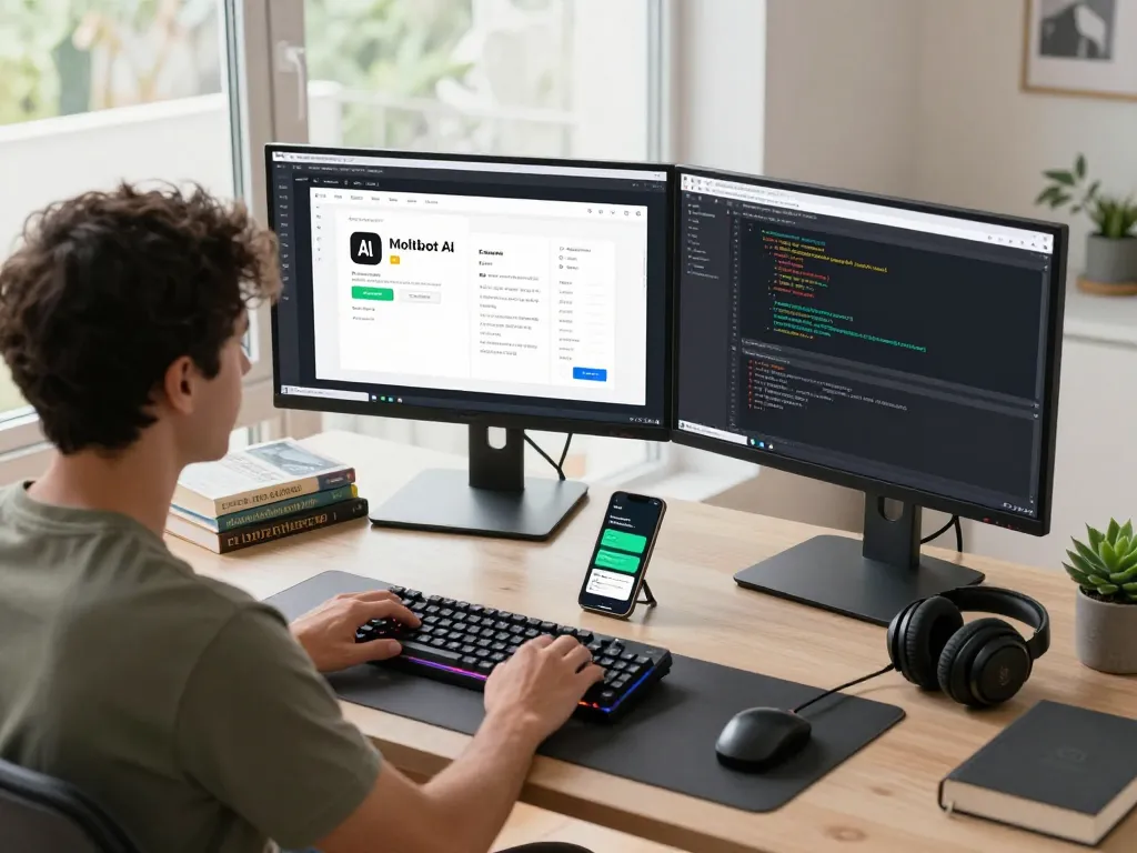 Innovative workspace featuring Moltbot AI on monitors and tech gadgets, highlighting clawdbot's capabilities in a modern office.