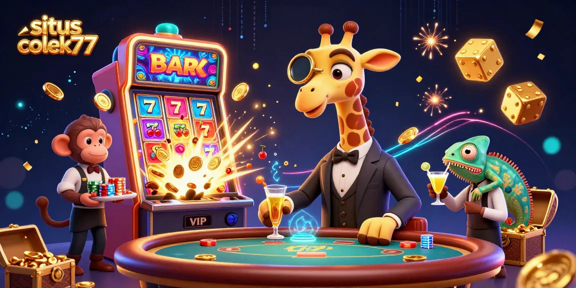 Experience situs colek77's thrilling slots with a festive casino scene, featuring vibrant characters and jackpot excitement.