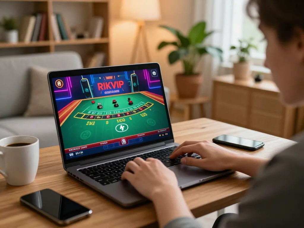 Player enjoying RIKVIP's online gaming experience on a laptop in a cozy home setting