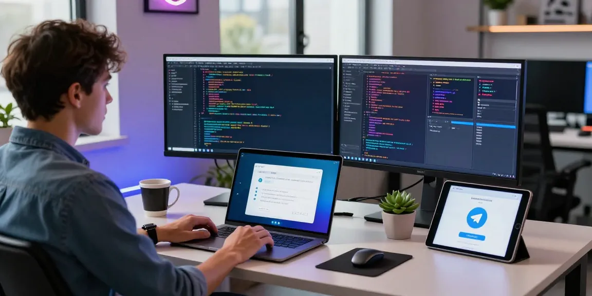 Developer coding telegram中文版 app in modern workspace with dual monitors and vibrant tech atmosphere.