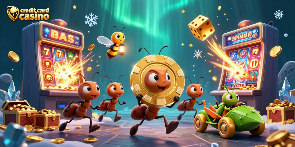 Experience thrilling action at a credit card casino with 3D cartoon ants carrying a golden poker chip.