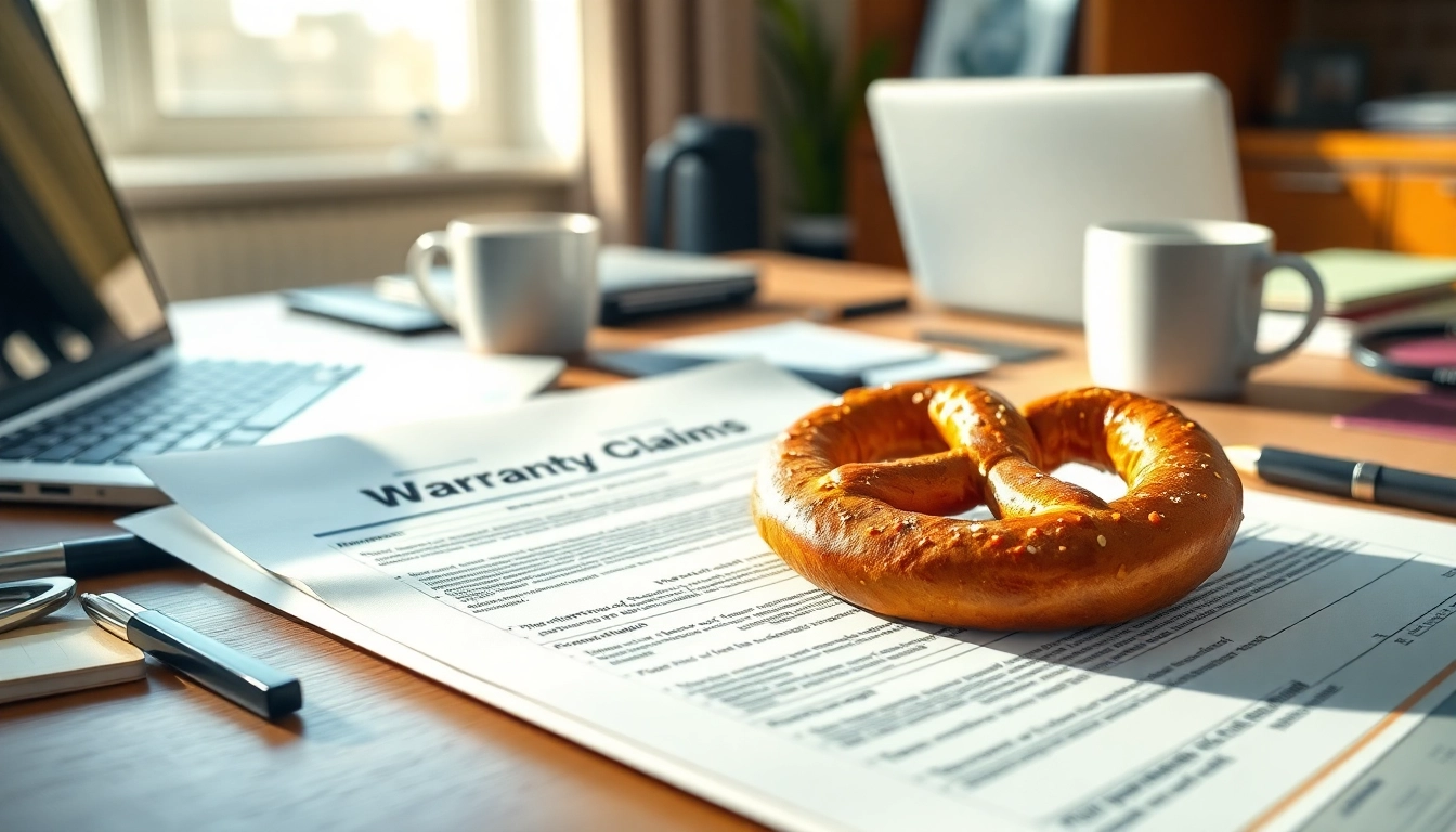 Submitting no hassle warranty claims with a pretzel in focus on a desk setting.