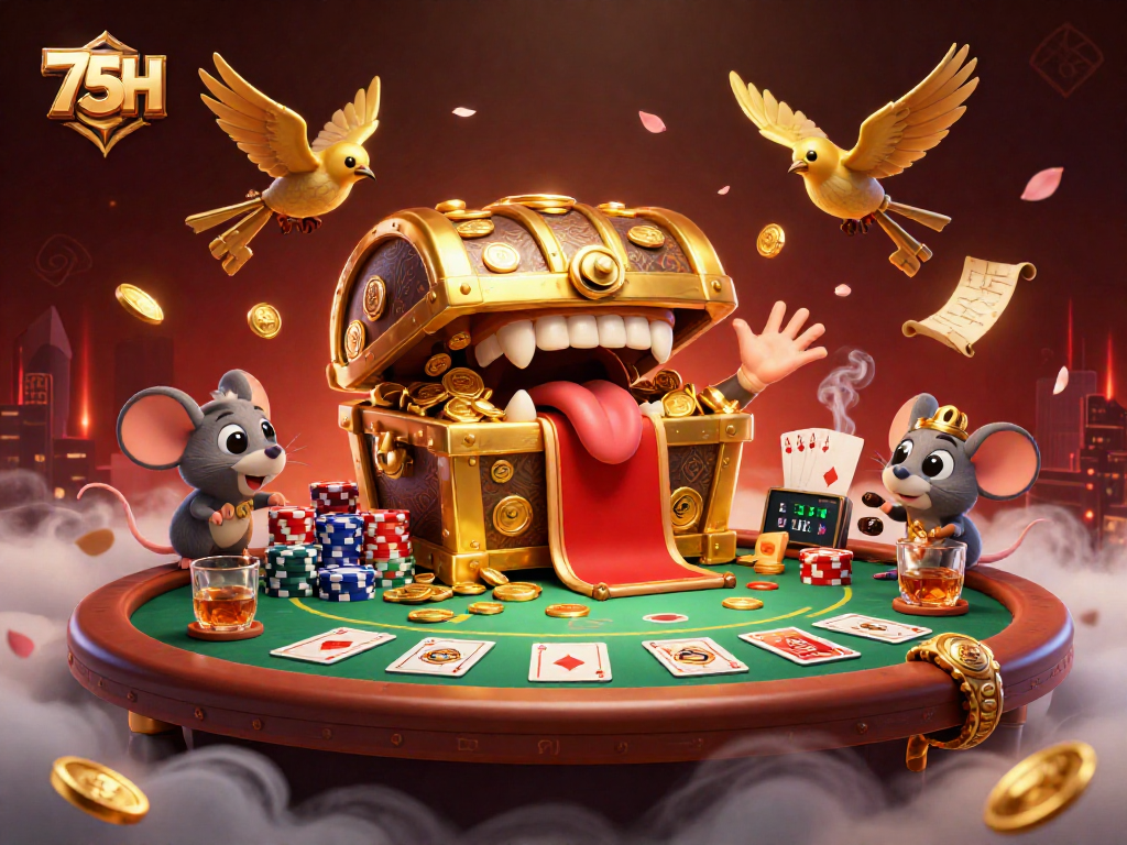 75H atrai jogadores com uma ilustração vibrante de um baú do tesouro em um cenário de cassino dinâmico.