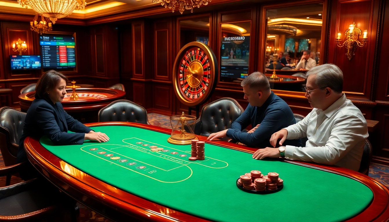Shbet players strategizing at a luxury casino table, surrounded by poker chips and a roulette wheel.