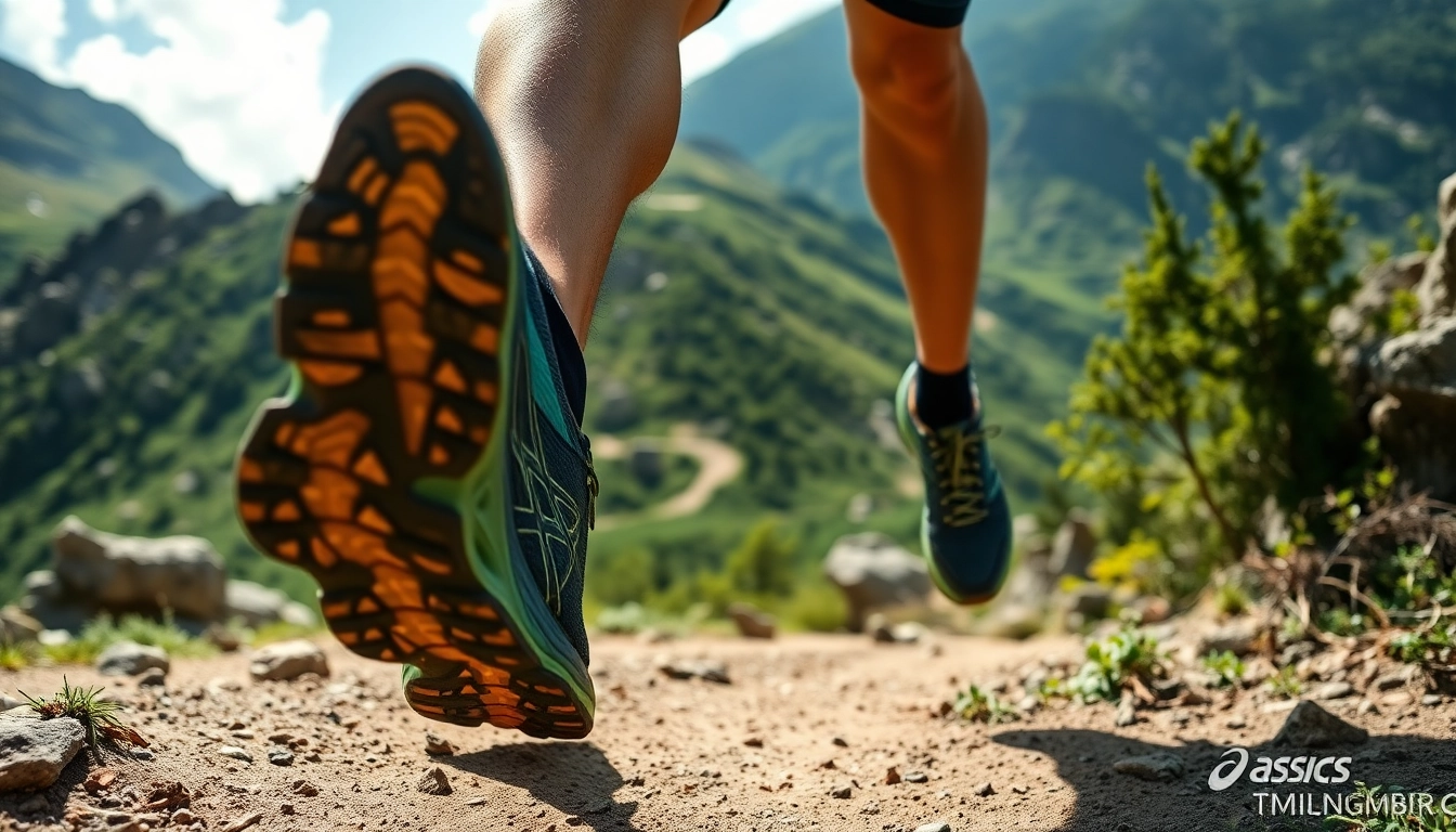 Corredor disfrutando de una carrera con asics trabuco 12 en un paisaje montañoso.