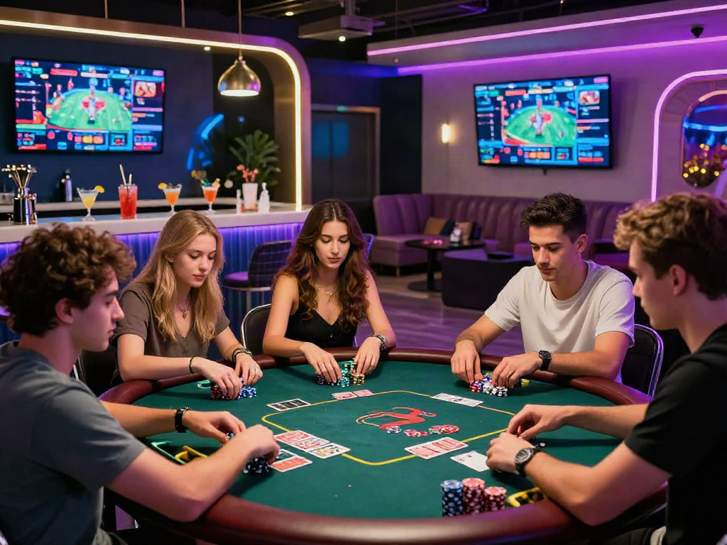 Suasana lounge kasino mewah dengan permainan poker, luxury12 malam seru bersama teman.