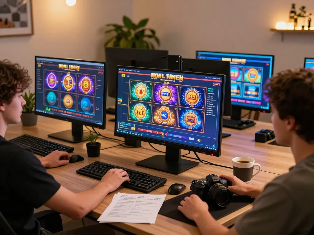 Engaging in slot gacor gameplay on a modern desk setup with vibrant game displays and notes.