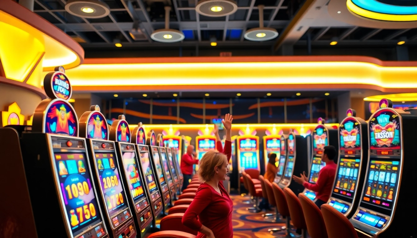 Bermain situs slot gacor dengan mesin slot yang meriah dan pemain yang bersuka cita.