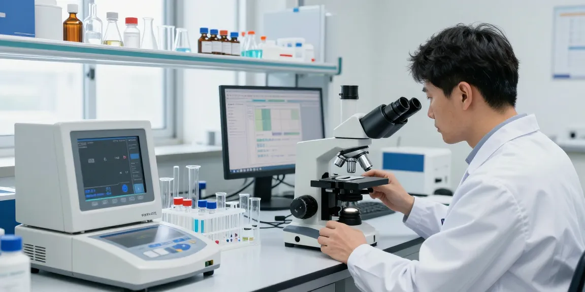Researcher analyzing premium research peptides in a high-tech laboratory setting.