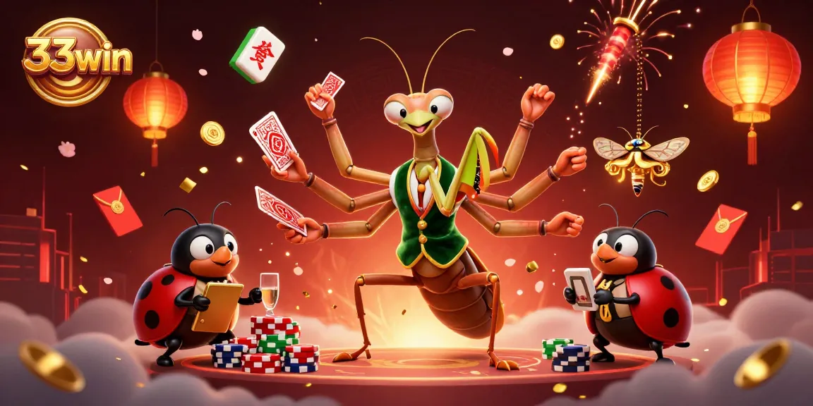 Engage with exciting wins at 33win, where the mantis deal cards amidst vibrant casino elements.