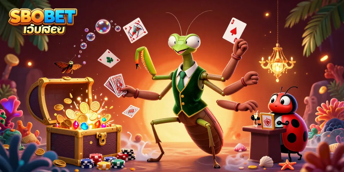 Engage with SBOBET เว็บตรง in an action-packed casino illustration full of vibrant elements and unique characters.