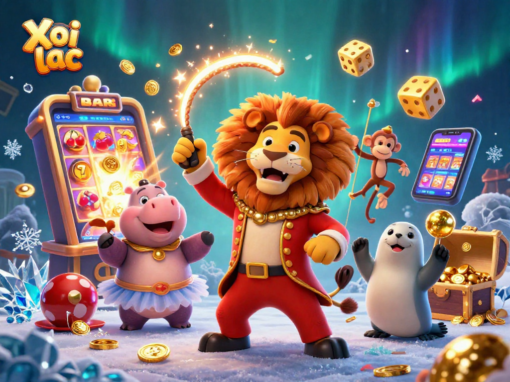 Xoi lac showcases a vibrant casino scene with cartoon characters amidst bursting jackpots and festive elements.